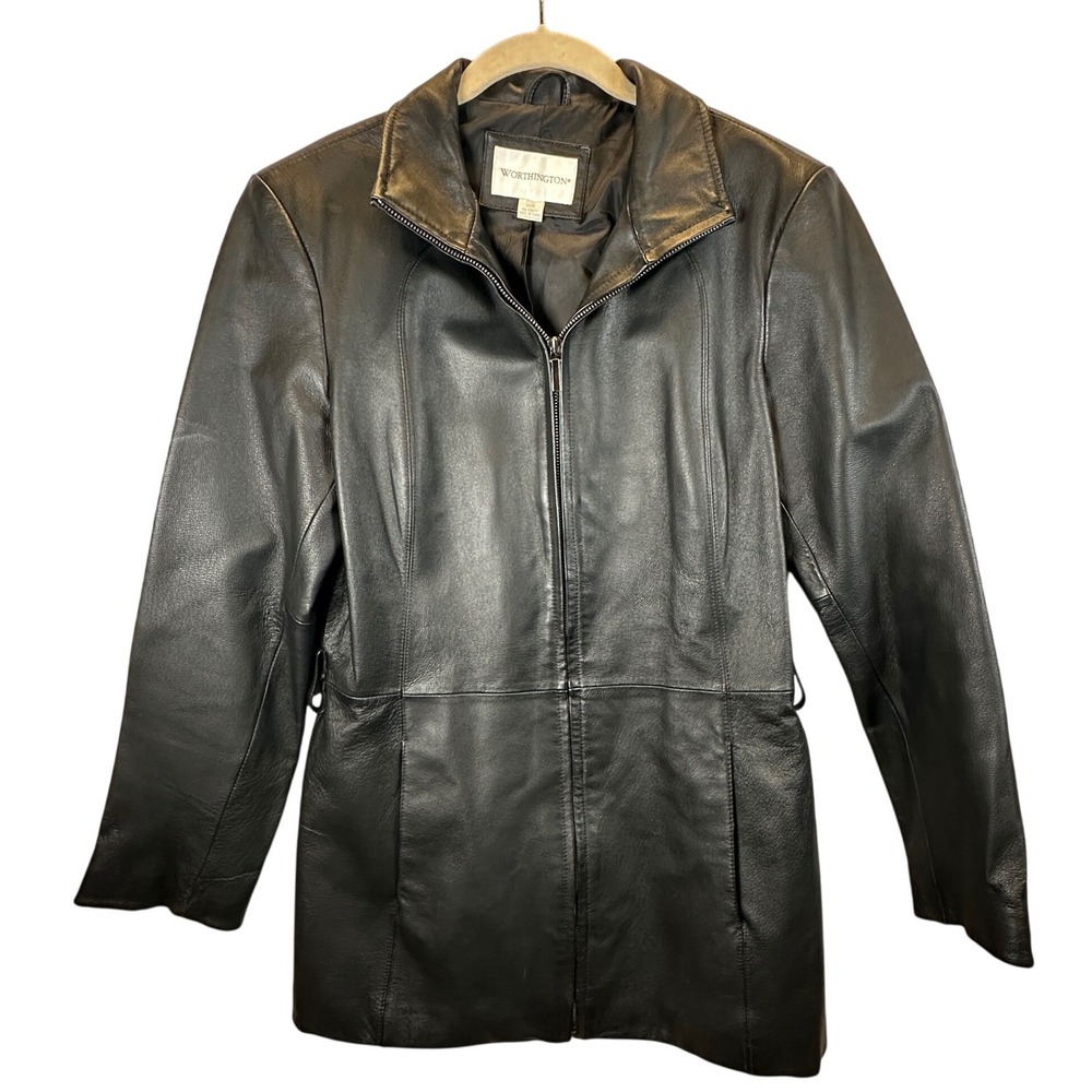 Worthington Womens Black Genuine Leather Nappa Zip Up Jacket Size Small